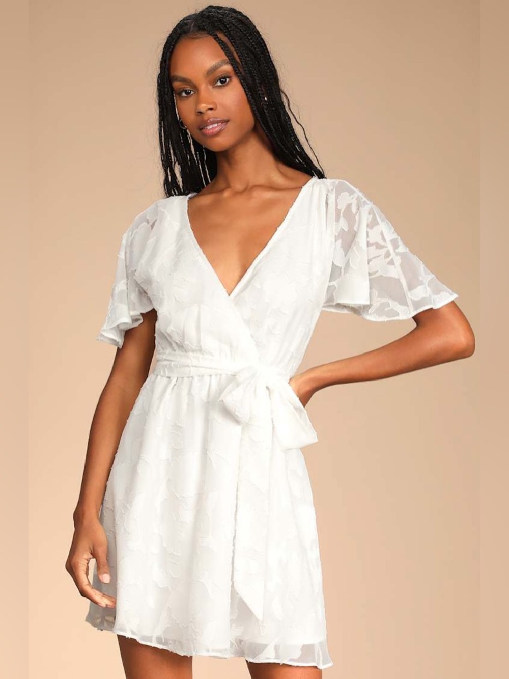 Lulus Flutter Forever White Burnout Jacquard Flutter Sleeve Dress Size Small NWT - Picture 4 of 17